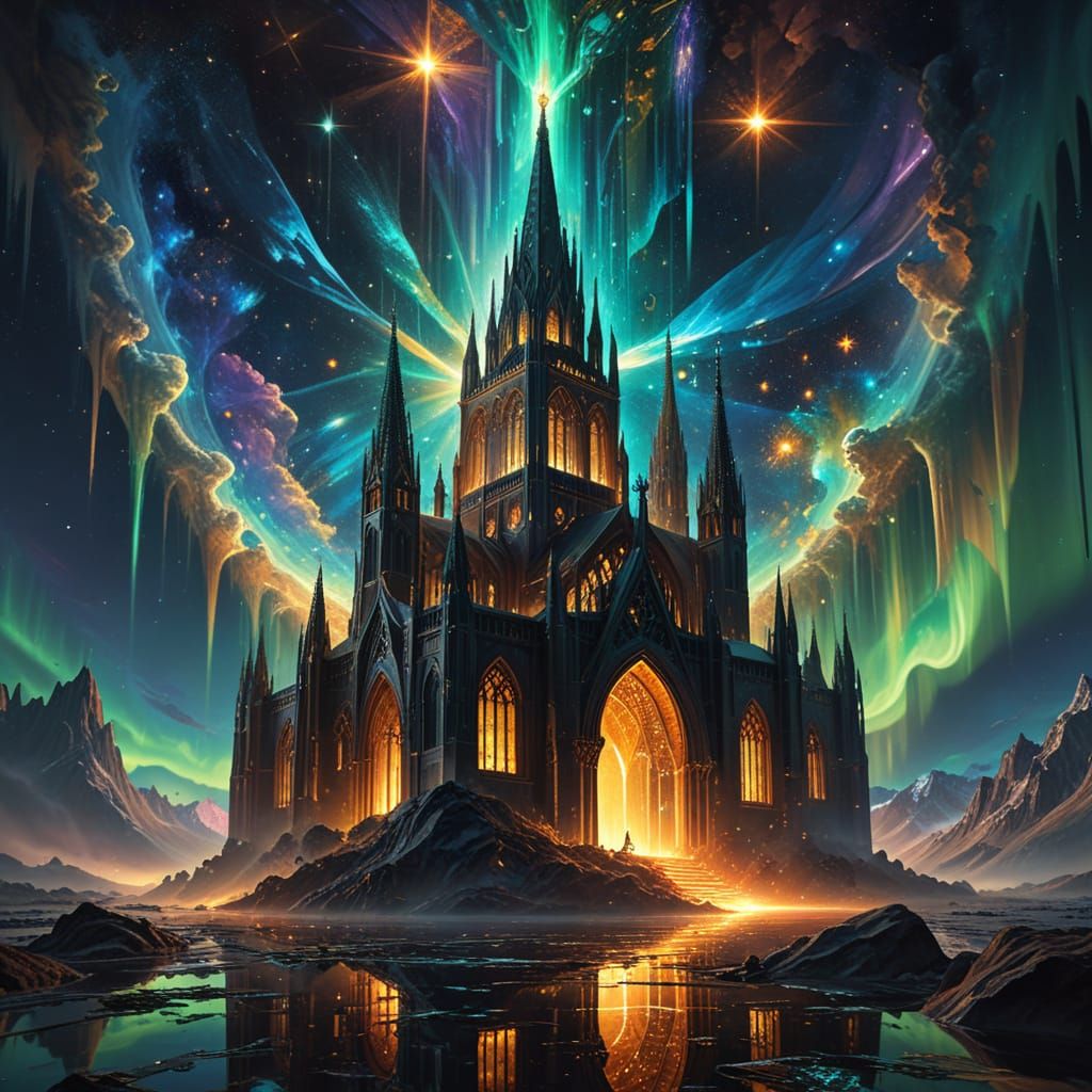 Cosmic Cathedral Floats in Surrealist Oil Painting