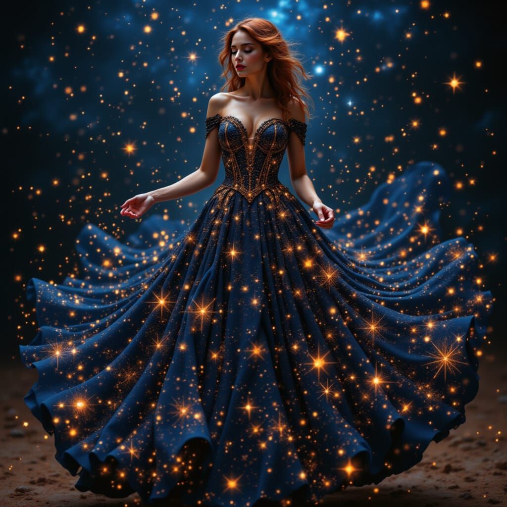 Woman in Star Chart Gown with Zodiac Corset