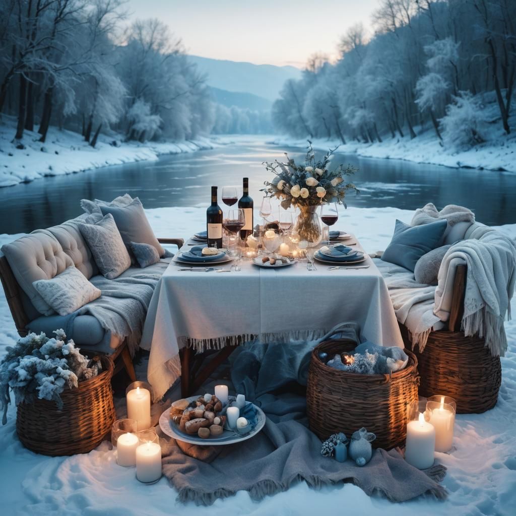 Romantic Winter Riverside Dinner Scene