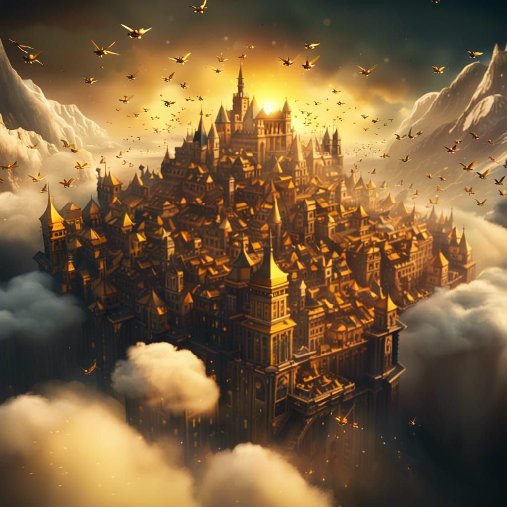 Golden City Floating in Clouds: Digital Matte Painting