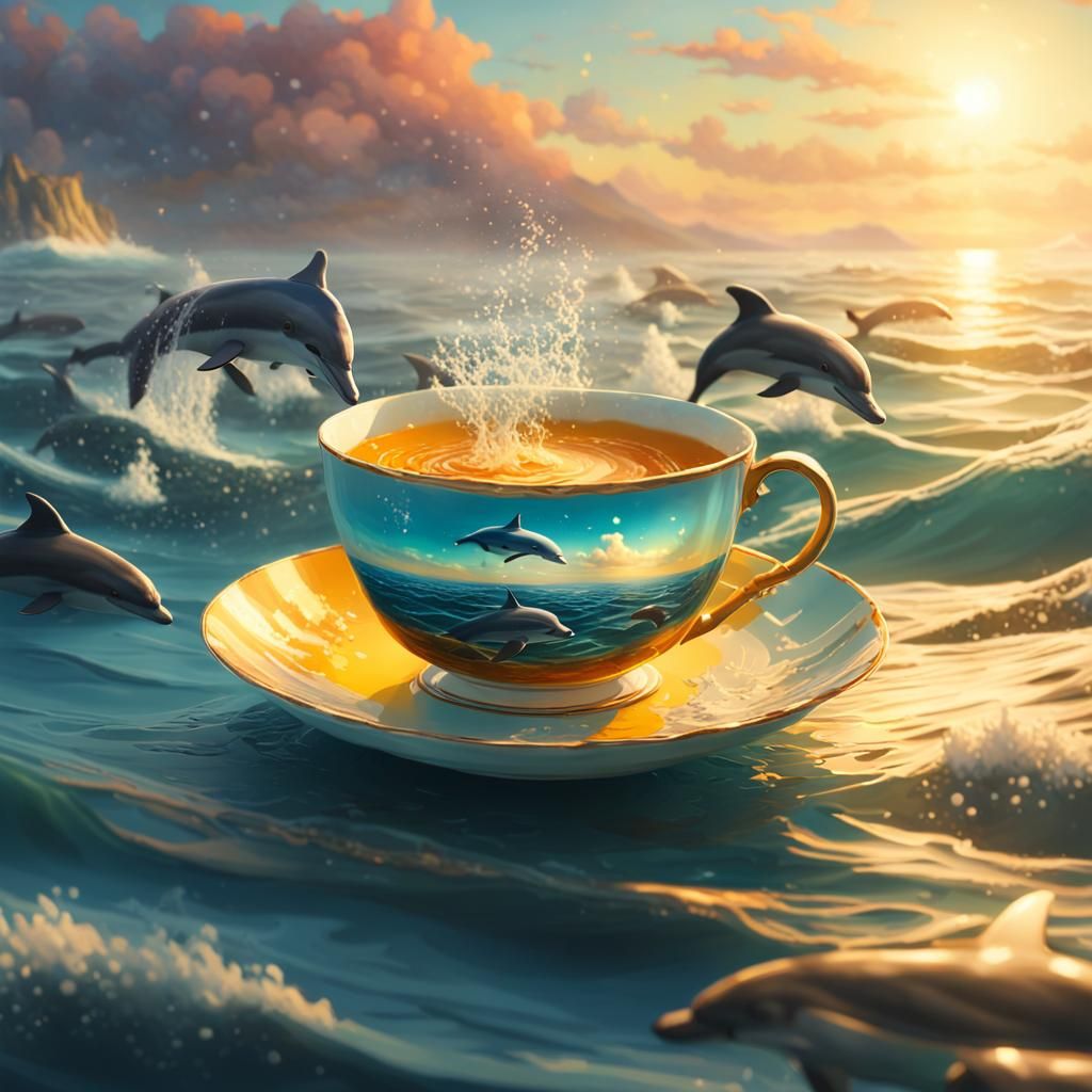 Dolphins and Teacup in the Ocean, Digital Painting