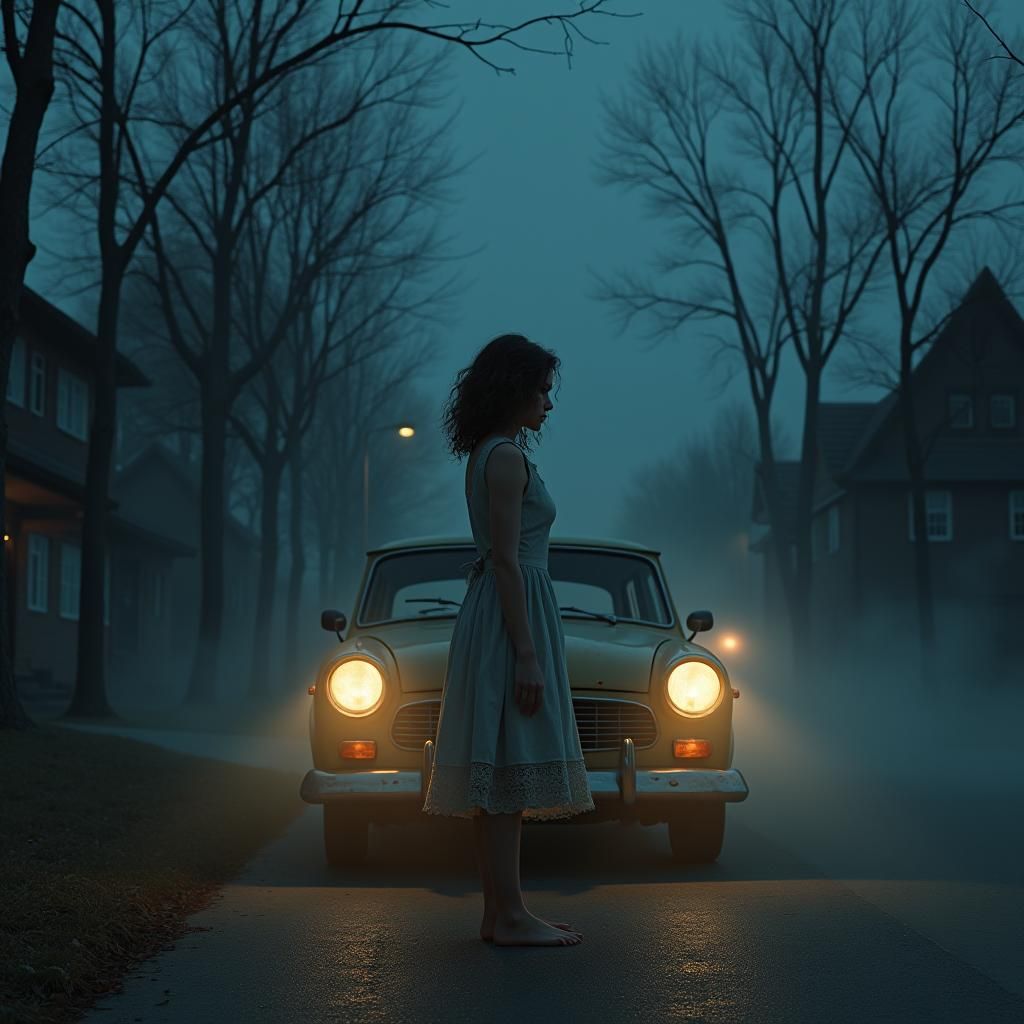 Girl with Vintage Car in Atmospheric Night Scene