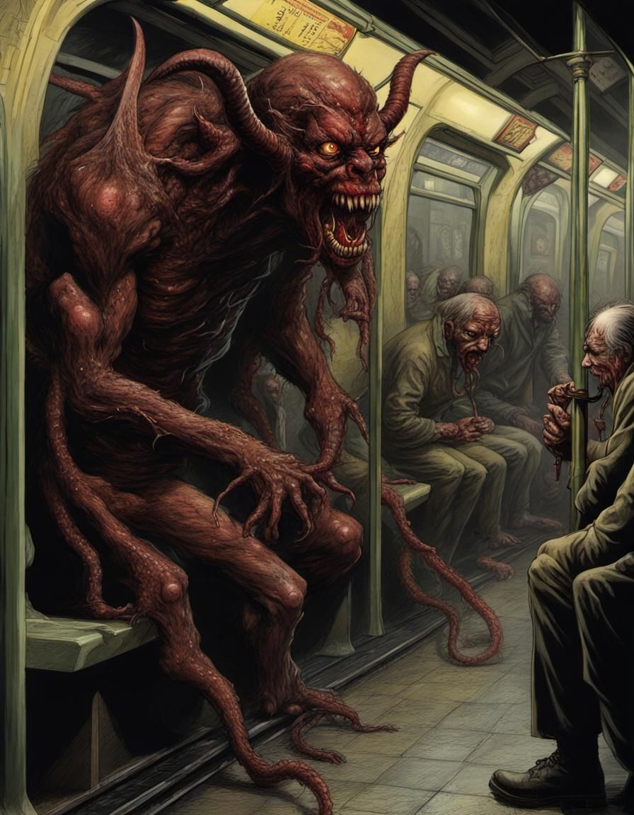 Fiendish+ungodly (demon parasites:1.5). Subway London;
 Art style by Kelly Jones/ Bernie Wrightson;storybook illustratio...