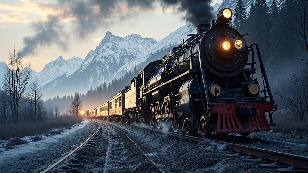 Steam Train on Frozen Tracks with Snowy Mountains