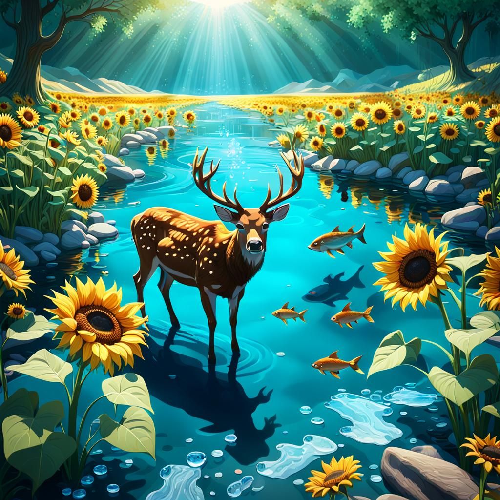 Sunflowers, Deer, and Stream: Vibrant Digital Painting