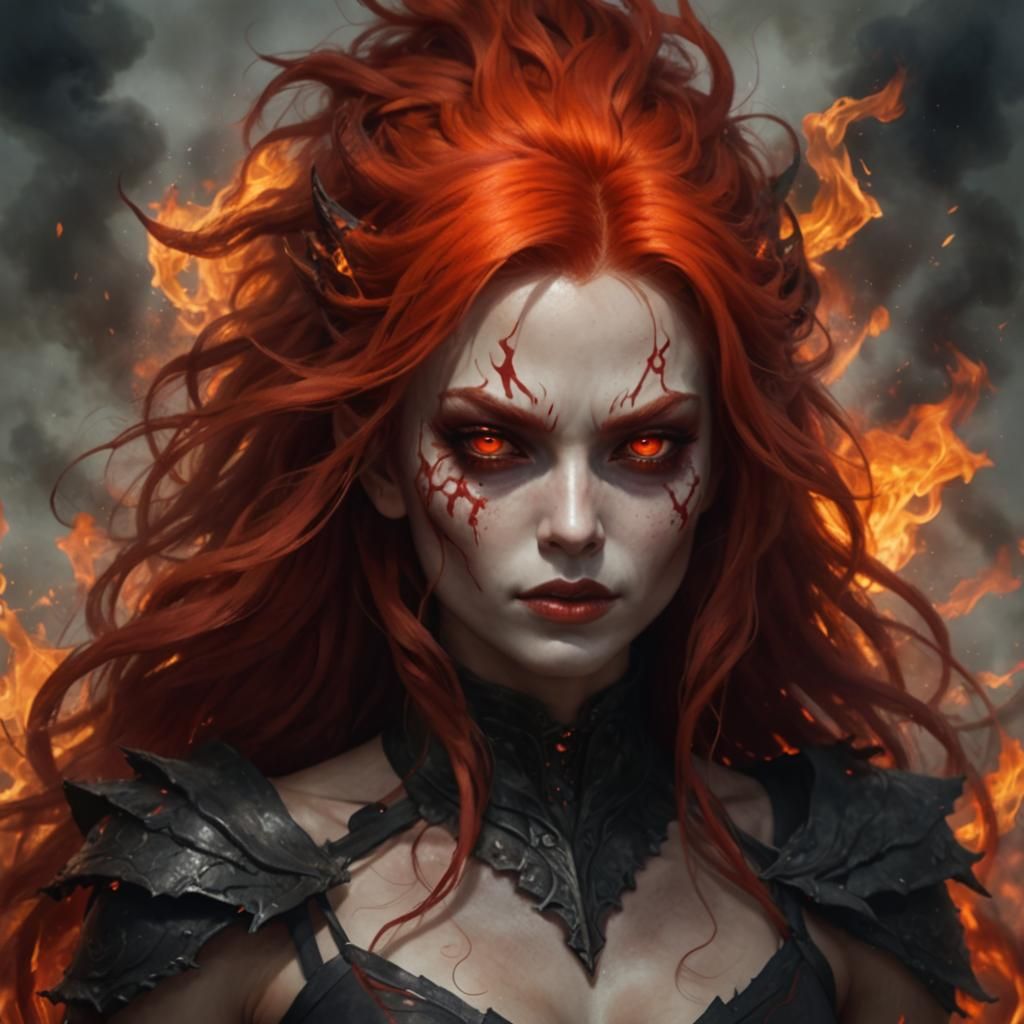 Fiery Red Demon Woman with Flowing Hair