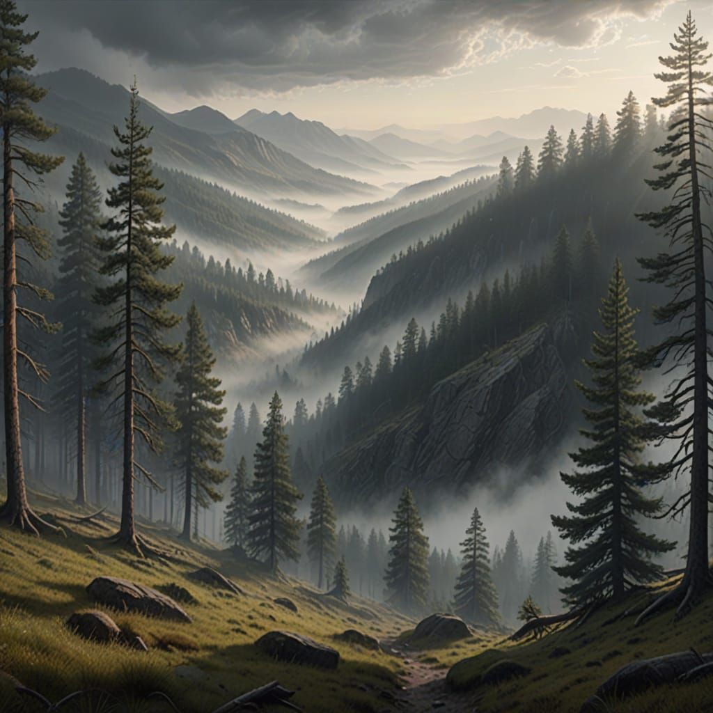 Misty Pine Forest Valley with Light Rays