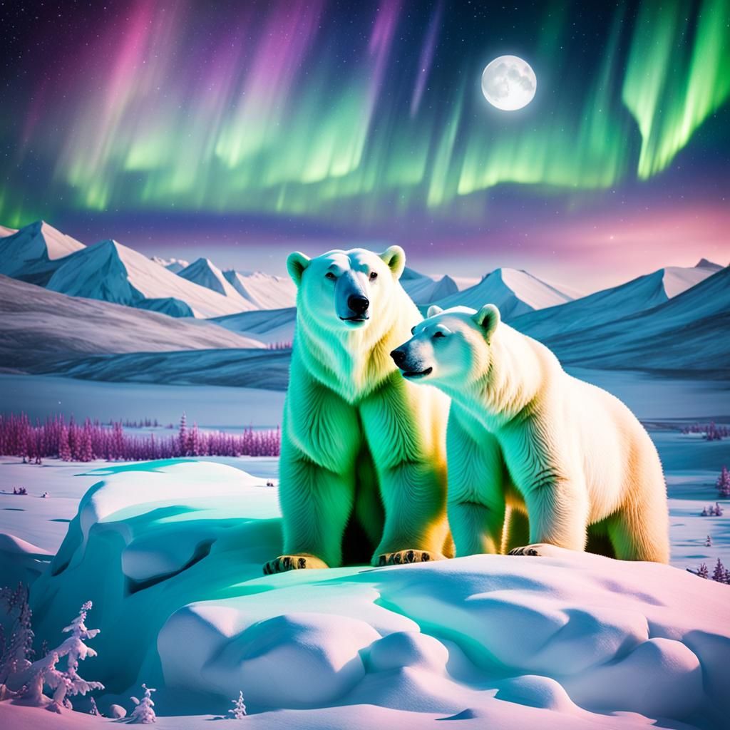 Polar Bears Under Aurora Borealis in Arctic Snow