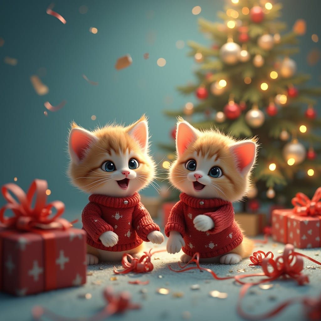 Cute Kittens in Festive Sweaters Open Christmas Gifts Amidst...