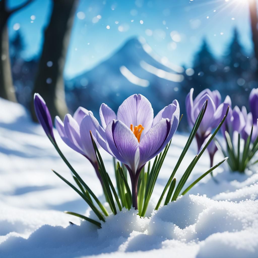Crocus Flower in Snow, Studio Ghibli Anime Style