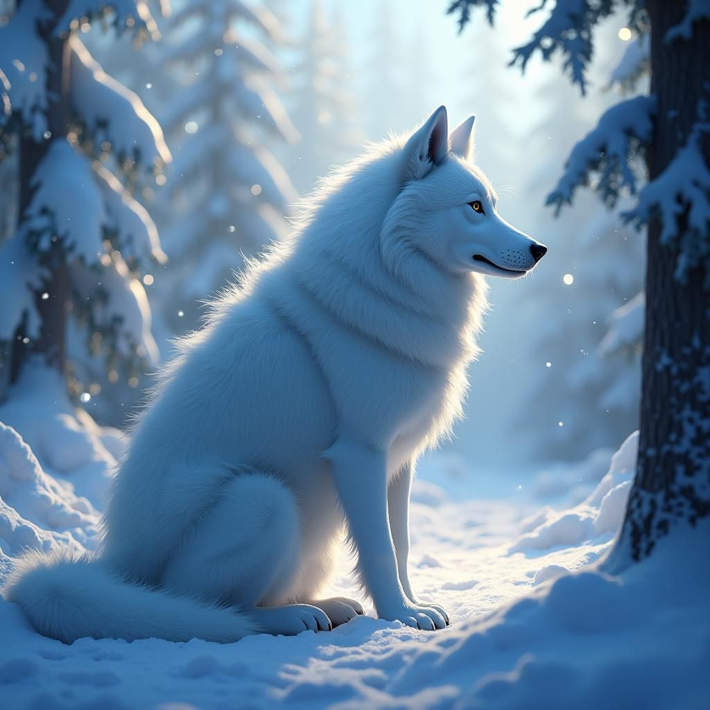 Indigo Snow Dog in Winter Fantasy Landscape