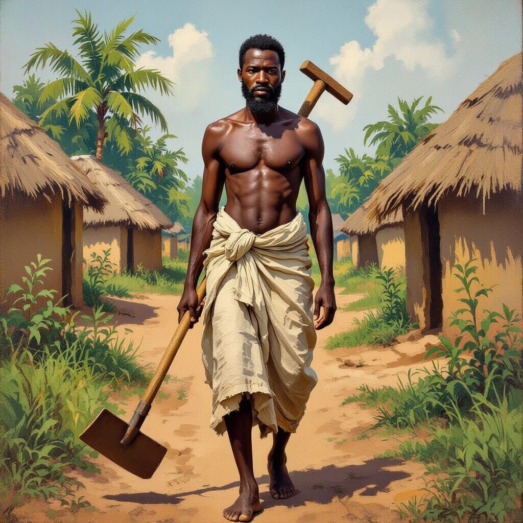 Bearded Farmer in Village, Folk Art Style