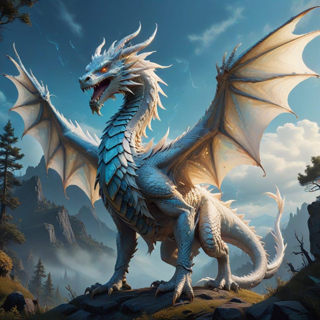 Luminescent White Dragon with Iridescent Wings