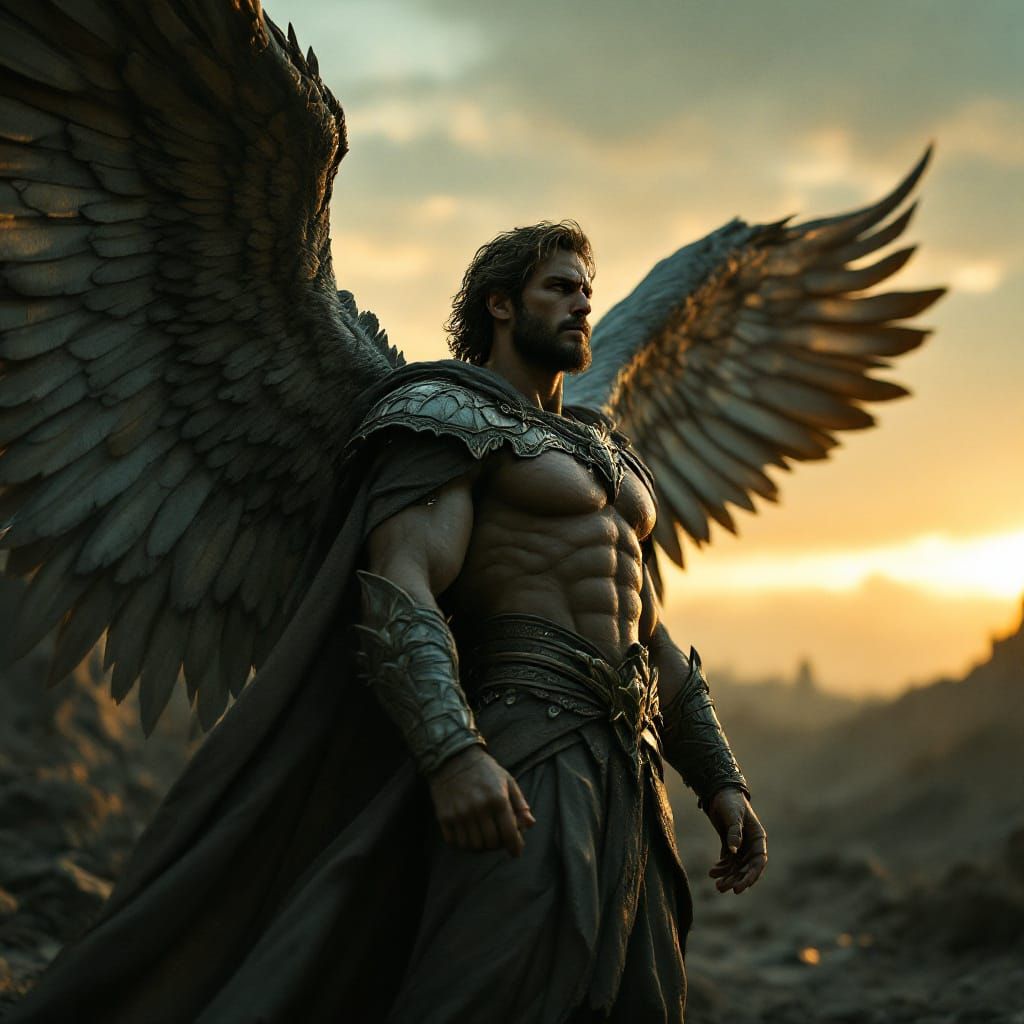 Archangel Michael in War-Torn Landscape: Cinematic 35mm Film