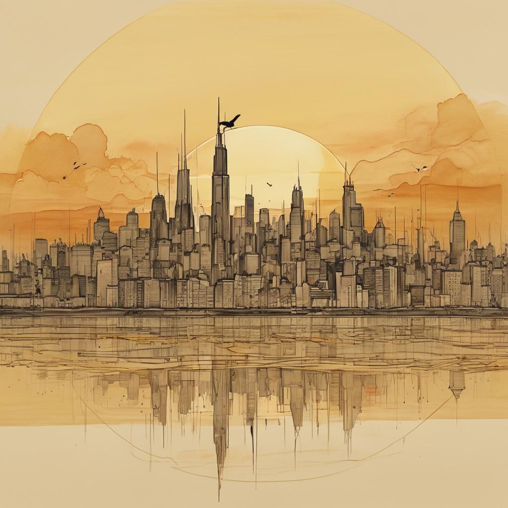 Minimalist Ink Cityscape at Golden Sunrise