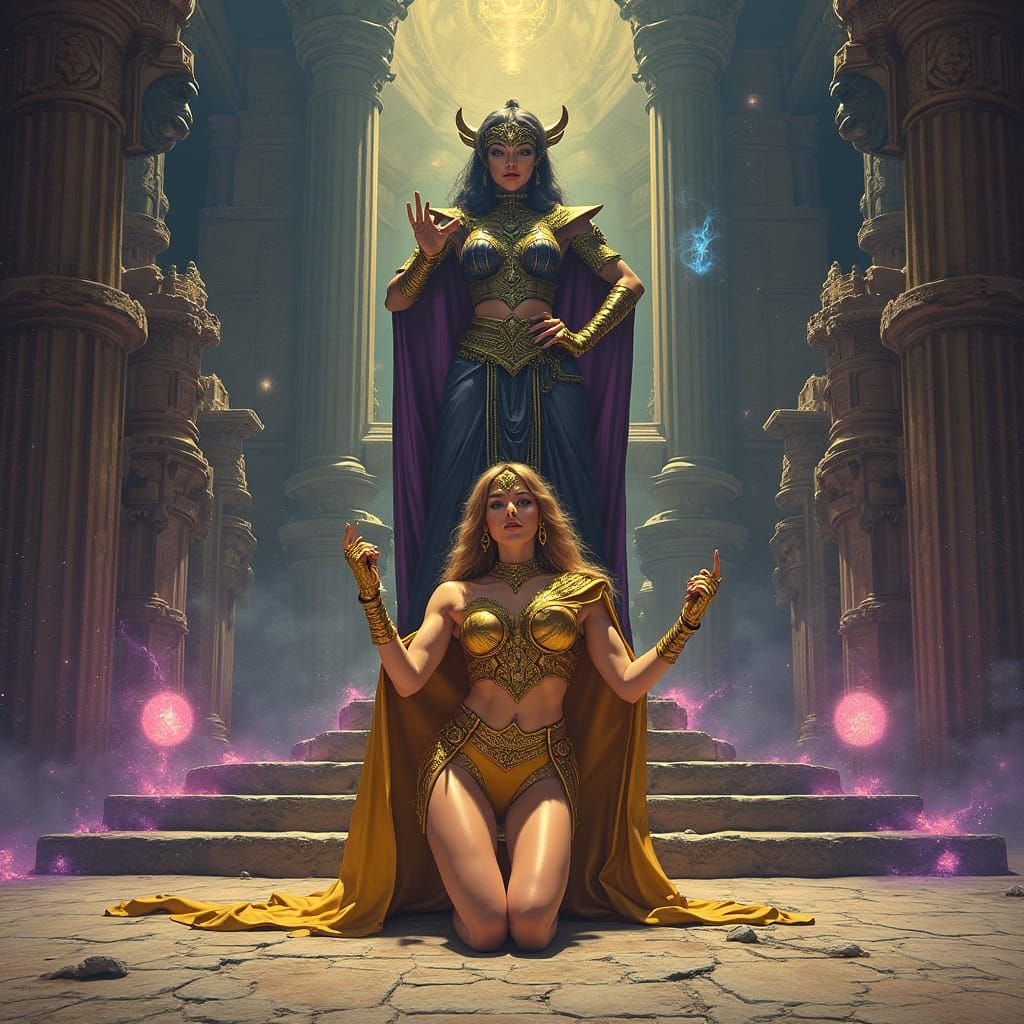 Eternian Queen Teela Kneels Before Dark Sorceress Evil-Lyn i...