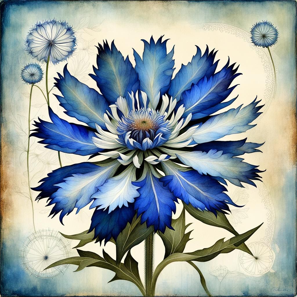 Surreal Cornflower in Blue, Navy, and White
