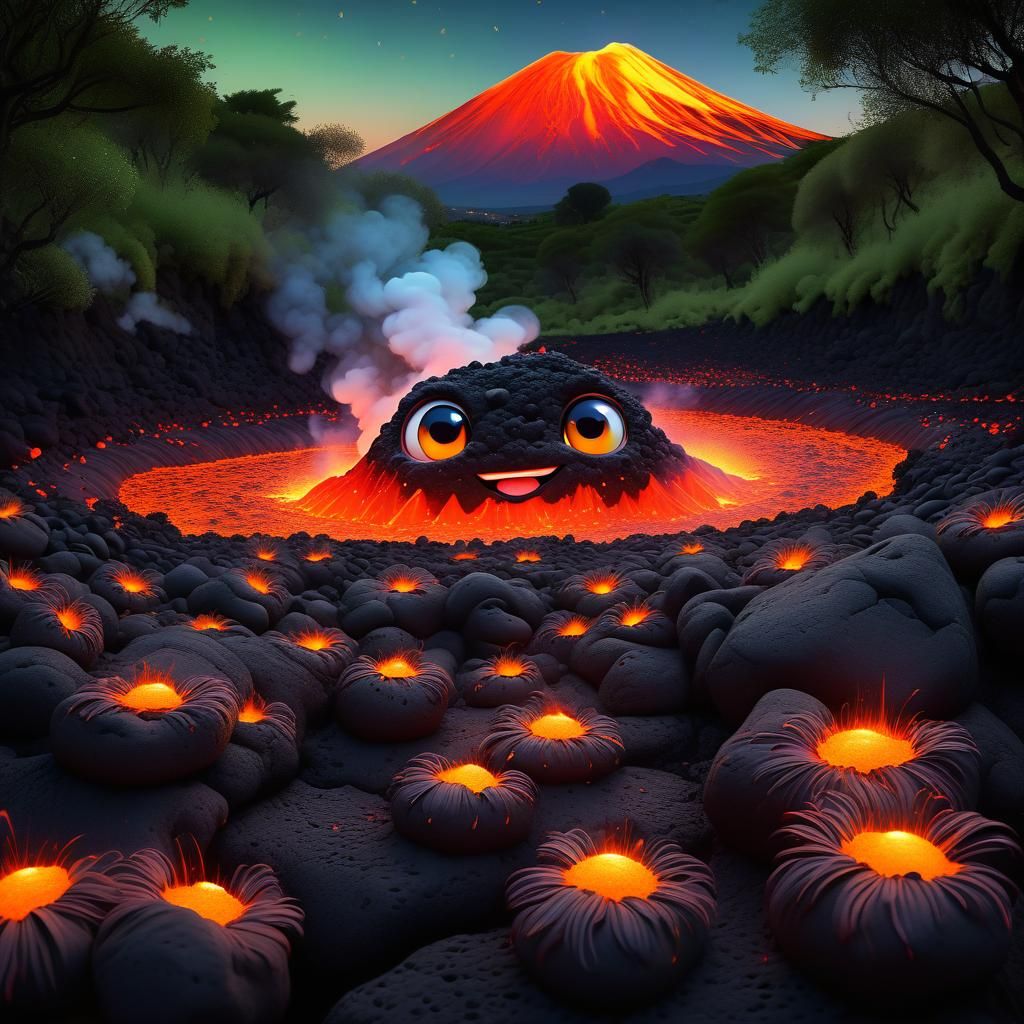 Etna volcano with big cute chibi eyes and a big smile is blowing sparks