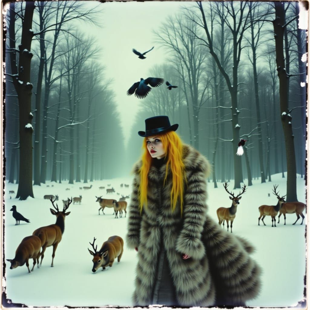 A model in a high fashion fur coat and hat