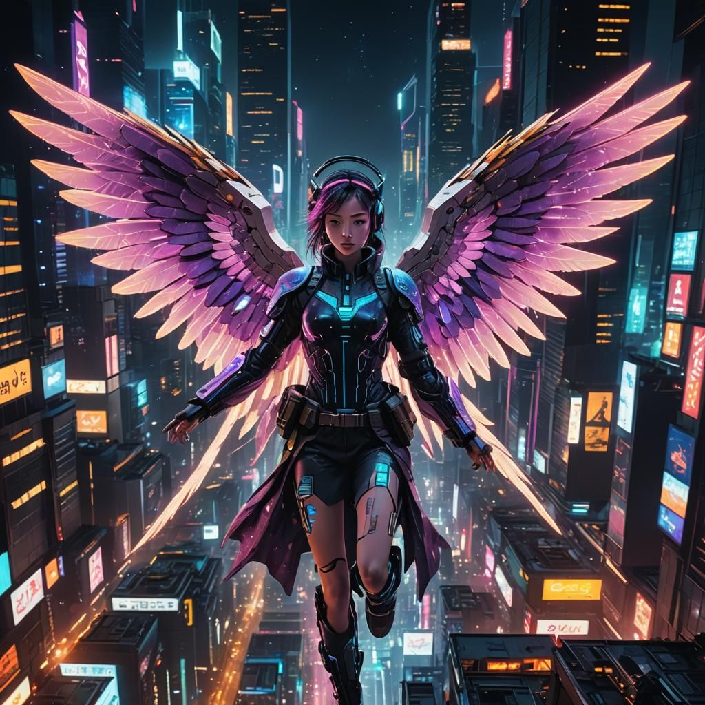 Cyberpunk Angel Over Neon Cityscape