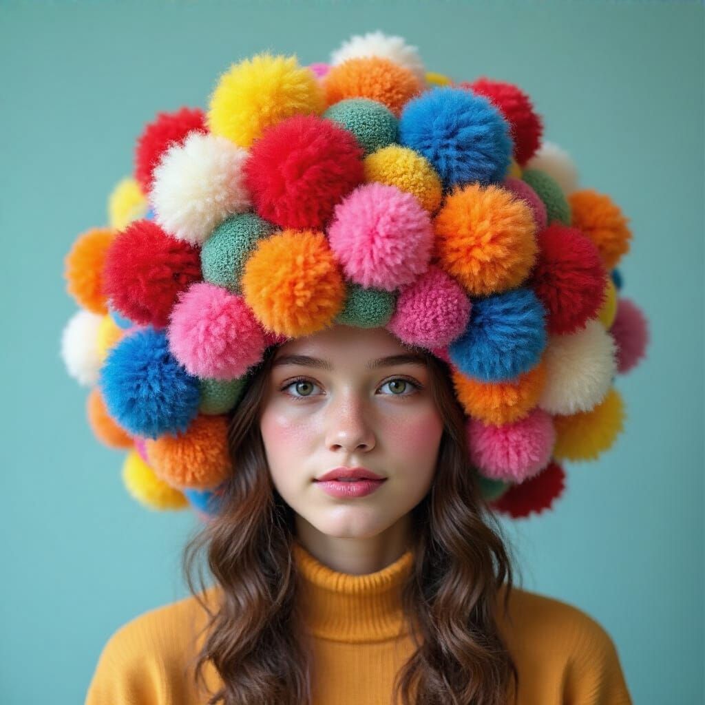 Vibrant Pom Pom Hat Artwork in Fiber Arts Style