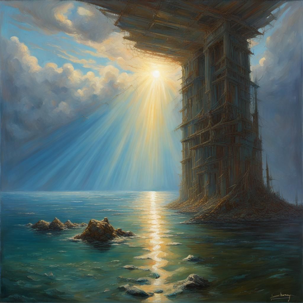 Flooded Landscape with Beams of Light, Oil Painting