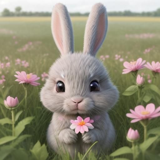 Cute Bunny Smelling Flower in Sunny Field