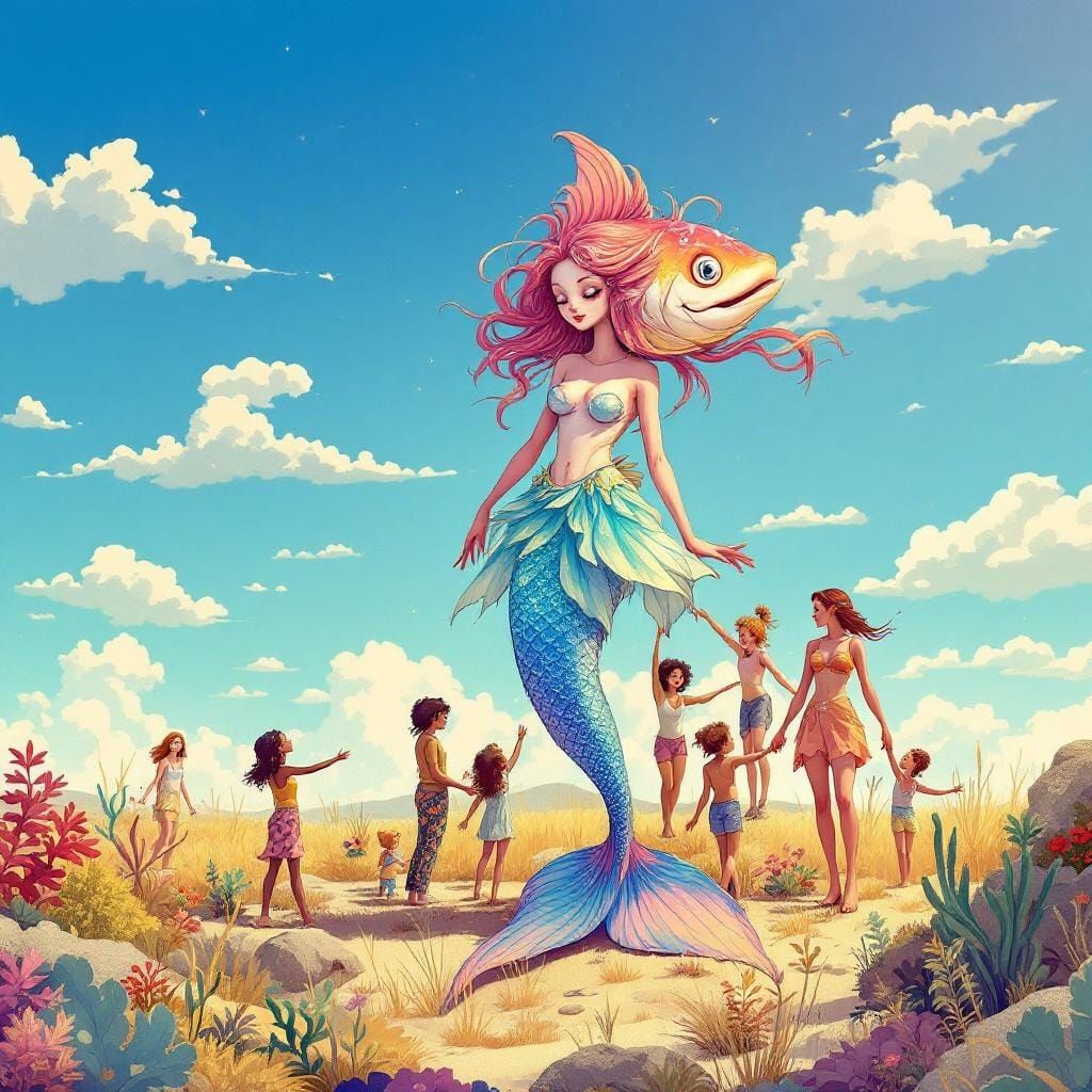 Mermaid-like Penny on Land in Whimsical Style