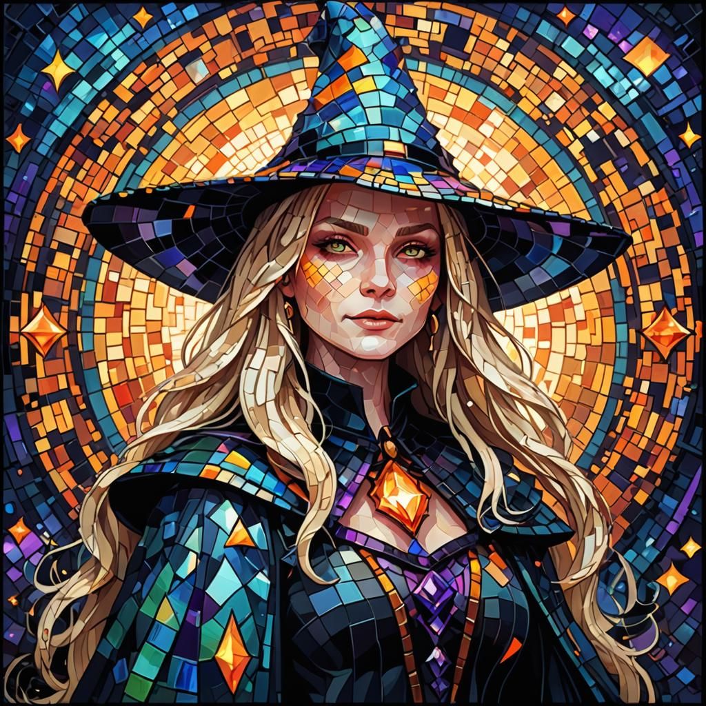 Ethereal Pixel Art Witch in Mosaic of Squares