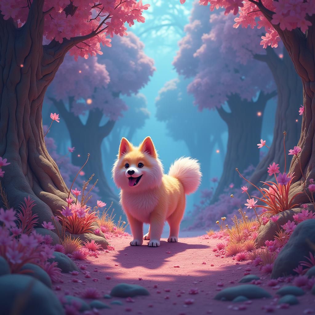 Dog Enters Mystical Realm in Dreamlike Matte Painting Style
