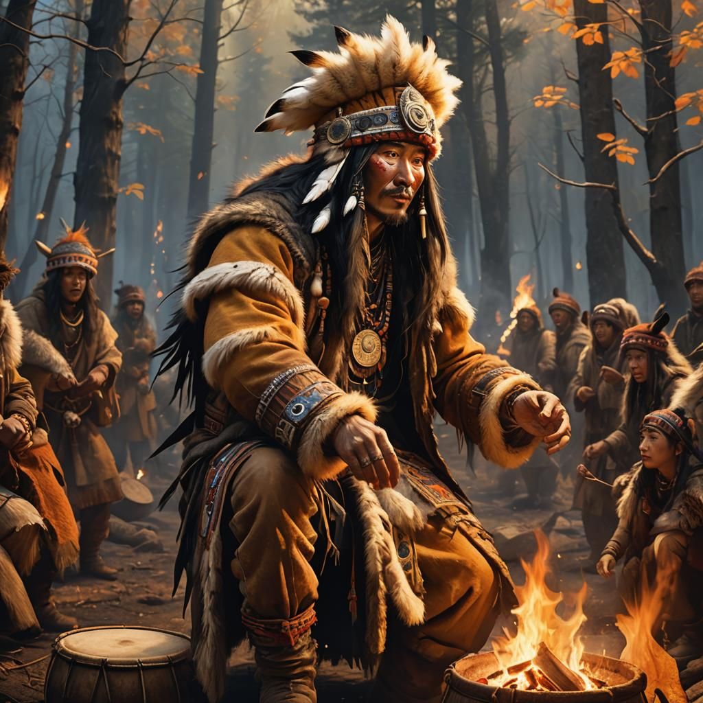 Siberian Shaman Dancing by Bonfire, Hyperrealistic Art