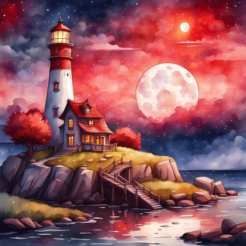 Blood Moon Lighthouse in DreamWorks Animation Style