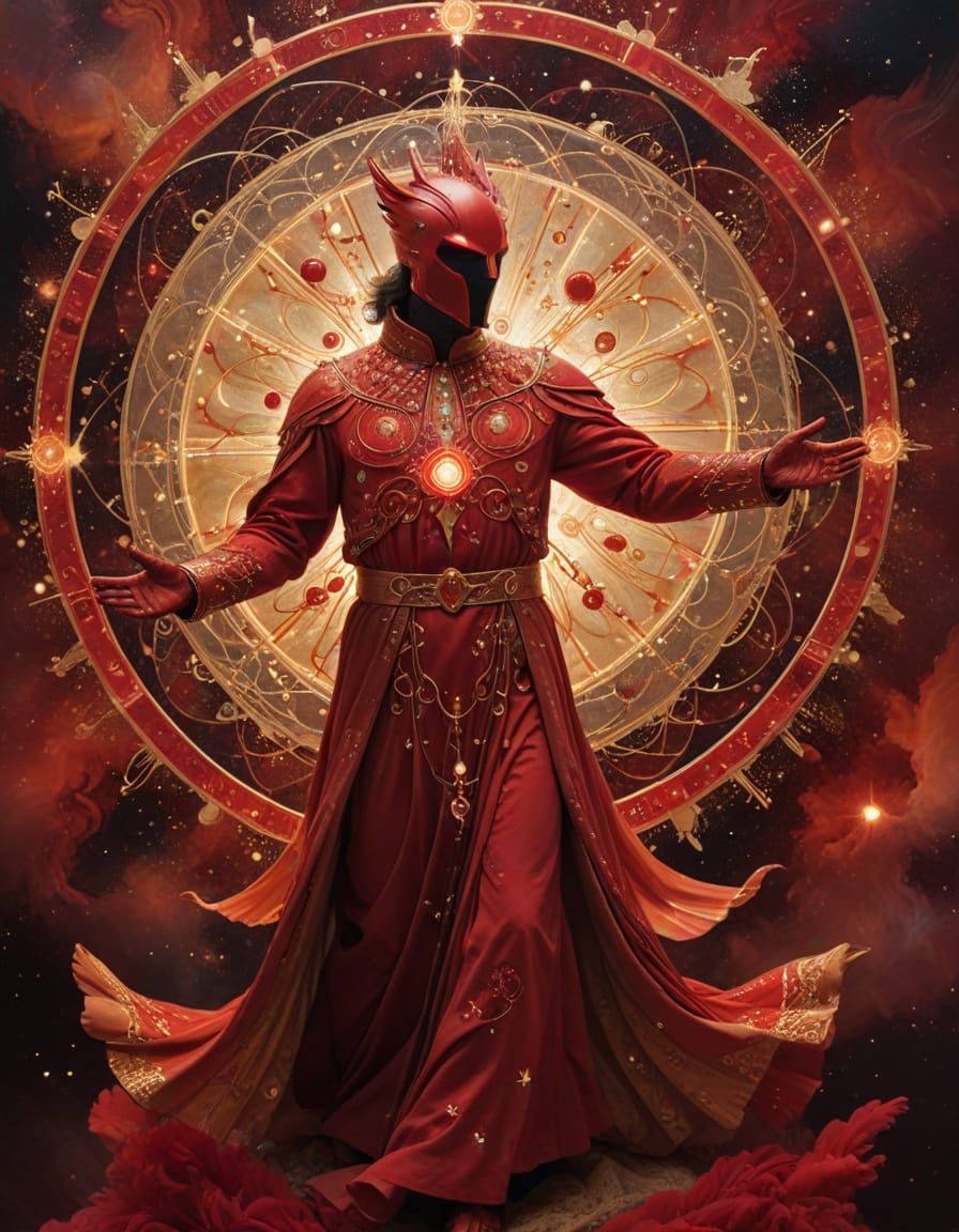 Majestic Quantum Being in a Glowing Halo of Red and Gold