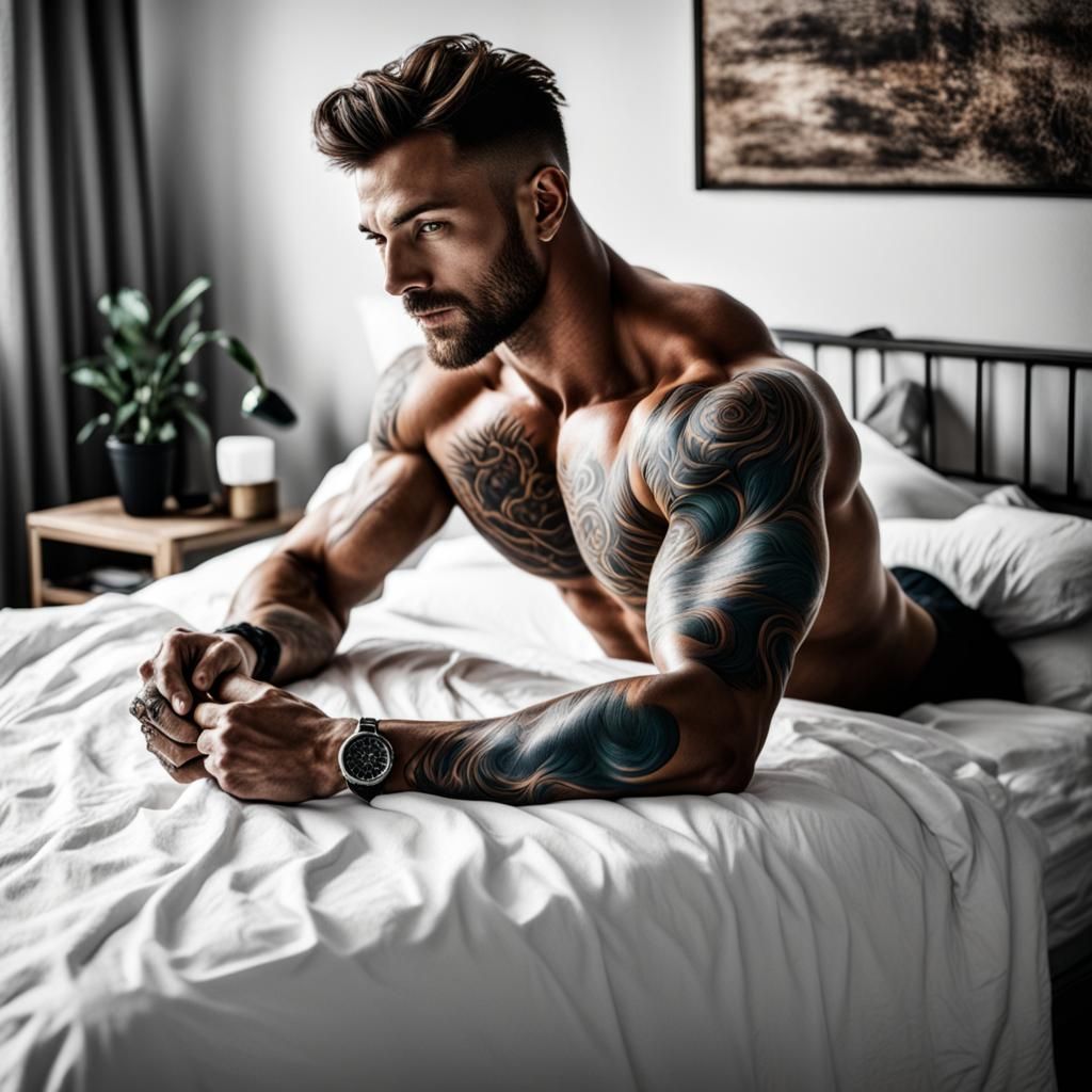 Line Art of Tattooed Muscular Man on Bed