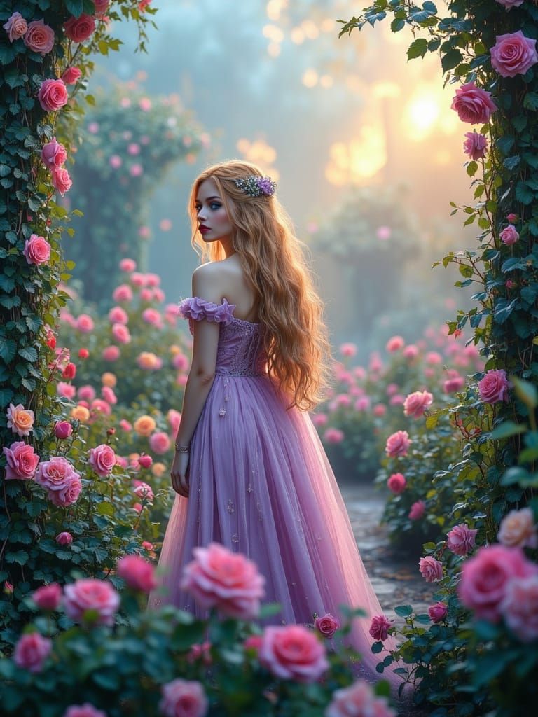 Princess in Rose Garden at Dawn with Aurora Sky