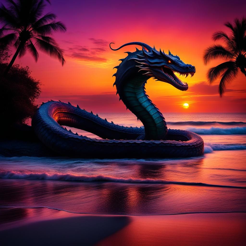 Mythical Sea Serpent at Sunset