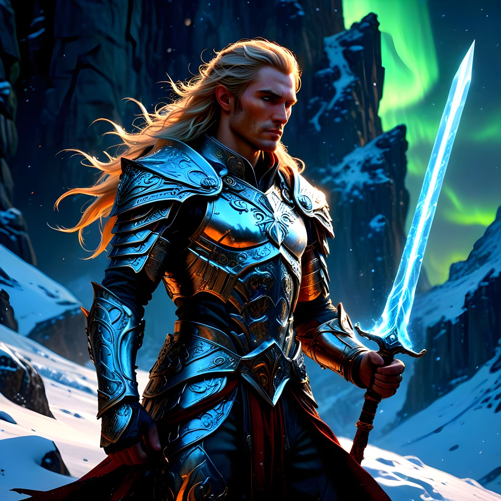 Half-Elf Warrior Under Aurora Borealis, Etching Style
