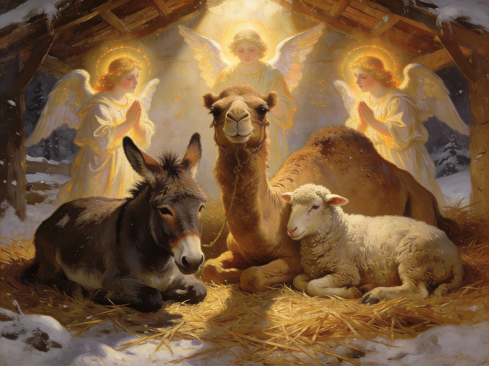 Winter Shelter Friendship: Donkey, Camel, Sheep with Angelic...