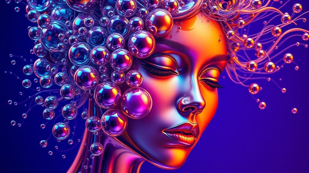 Intricate Iridescent Woman Emerges from Vibrant Orb Cluster