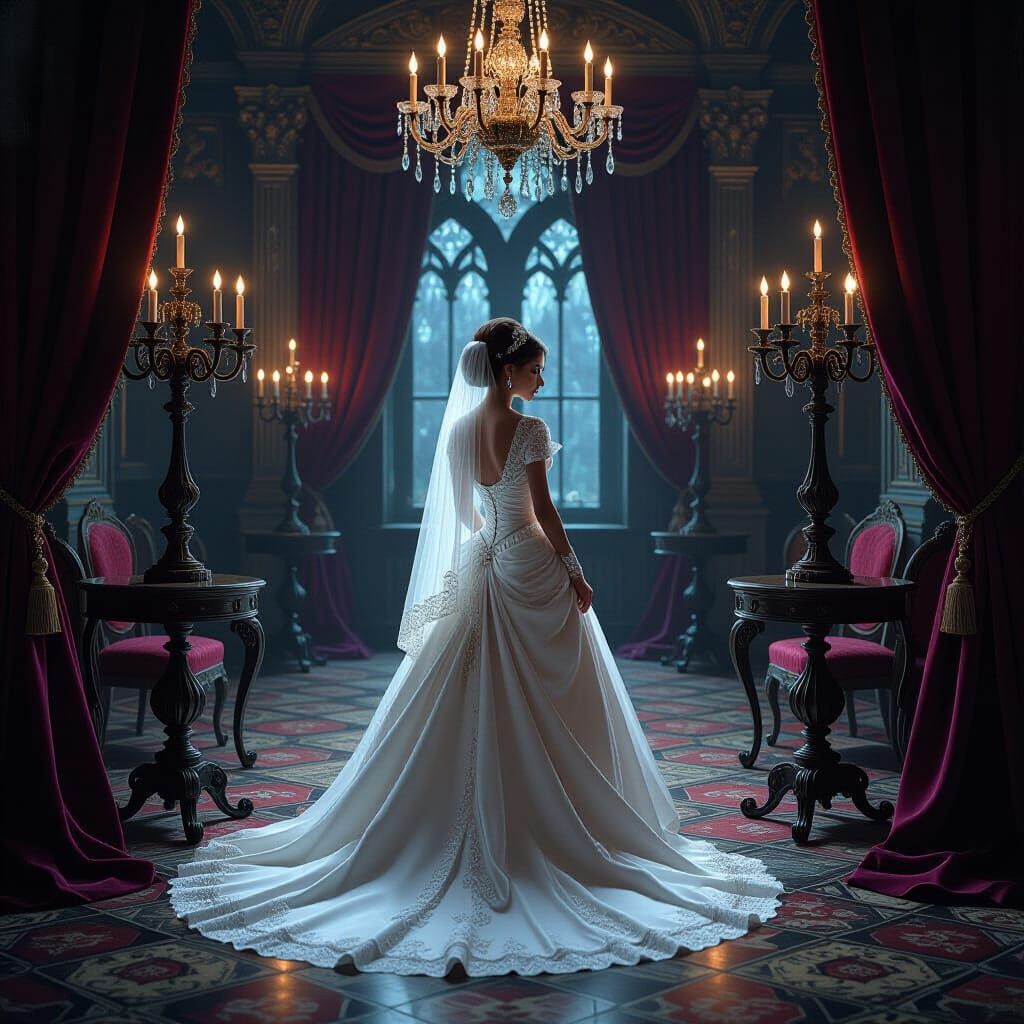 Victorian Bride Awaits in Gothic Ballroom