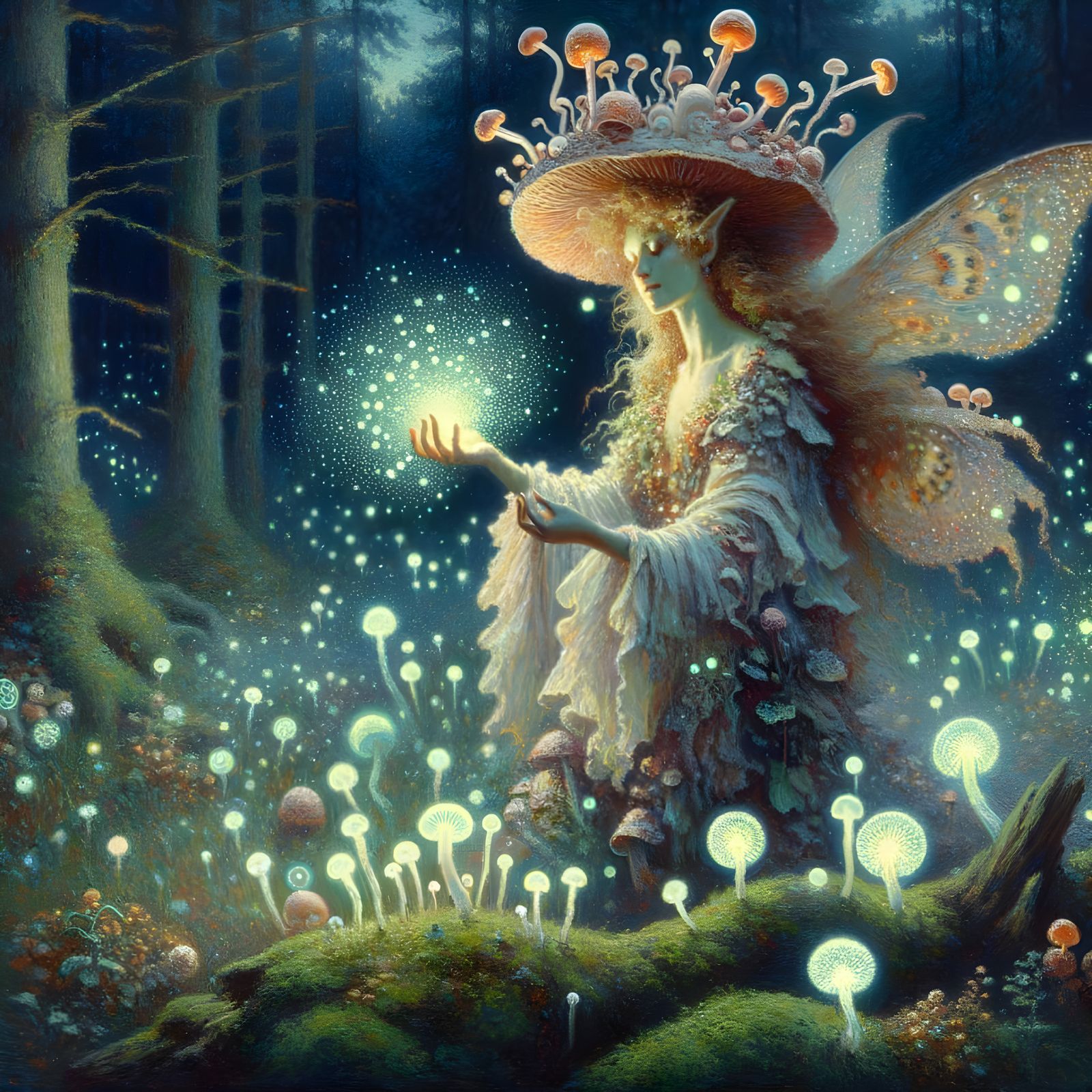 Faerie in Forest: Neo-Impressionist Oil Painting