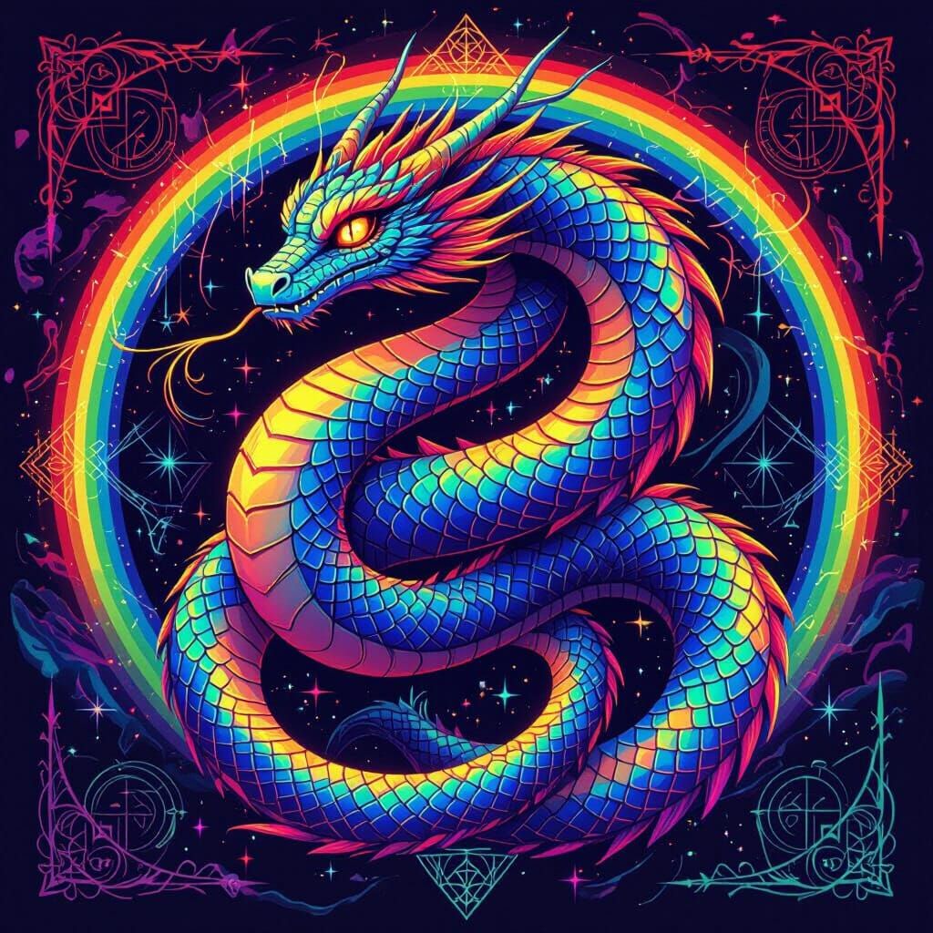 Iridescent Rainbow Cosmic Dragon Serpent in Visionary Art