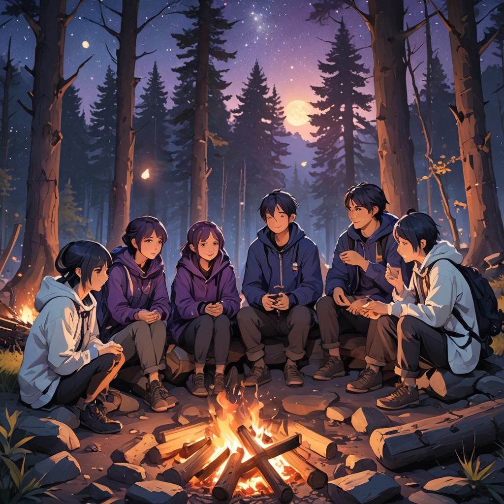 Friends Sharing Campfire Stories under Starry Night