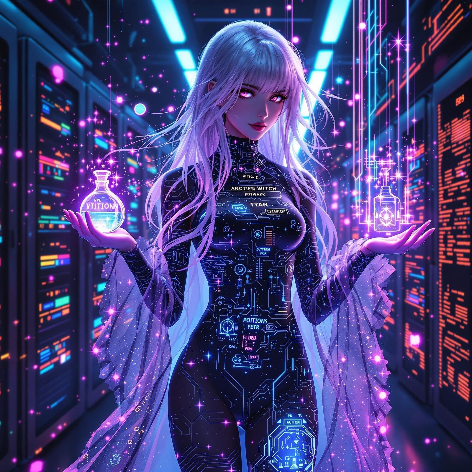 Futuristic Cyber Witch with Neon Hair and Holographic Apron