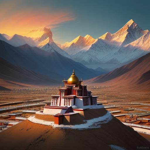 Leh Tibet Sunrise: Oil Painting in Roerich Style