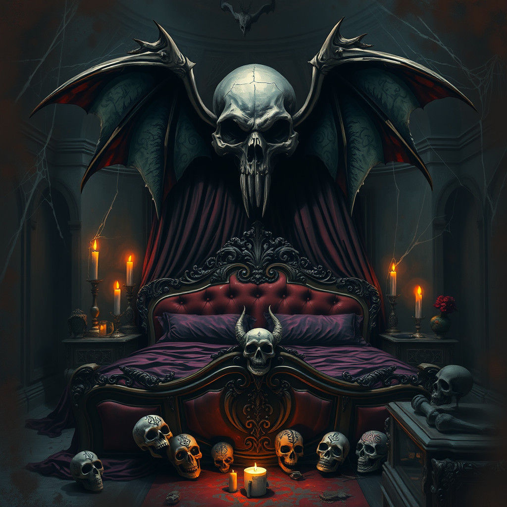 Haunted Bedroom with Winged Skull, Graffiti Art Style