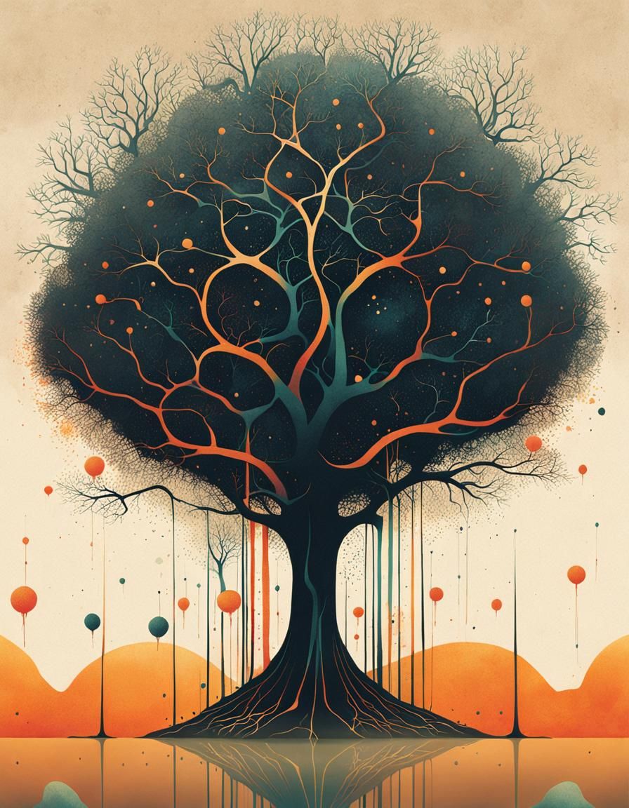 Ink Splatter Tree on Aged Paper