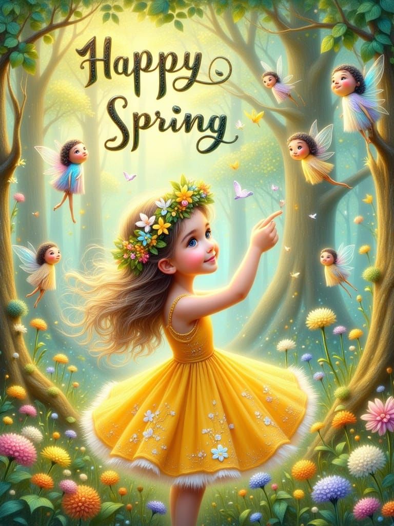 Whimsical Spring Goddess in a Fairy-Filled Forest