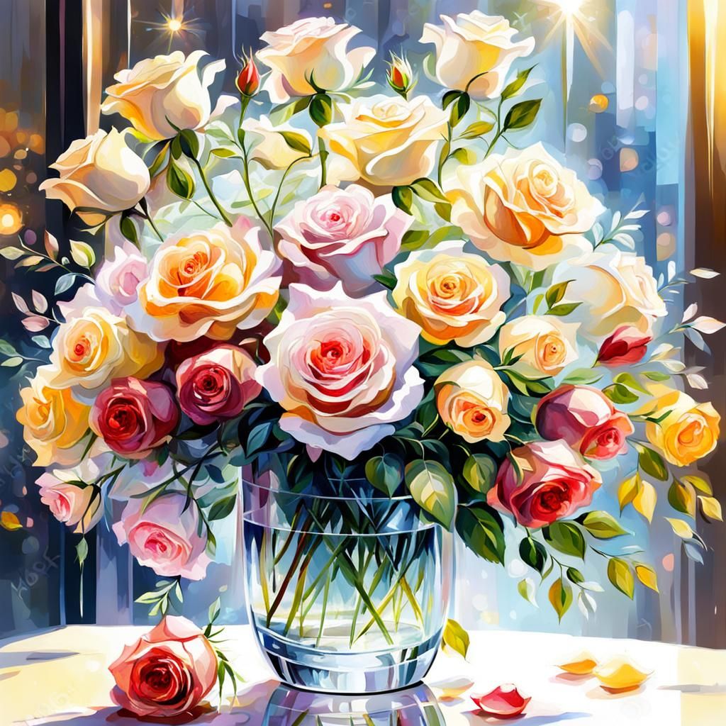 Rose Bouquet Painting in Crystal Vase