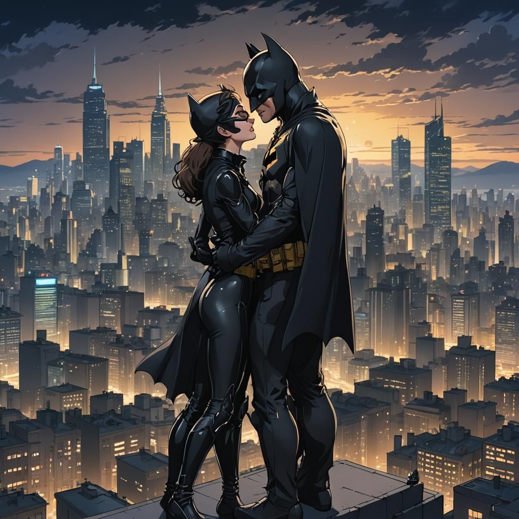 Batman and Catwoman's Kiss: A Ghibli-esque Anime Scene
